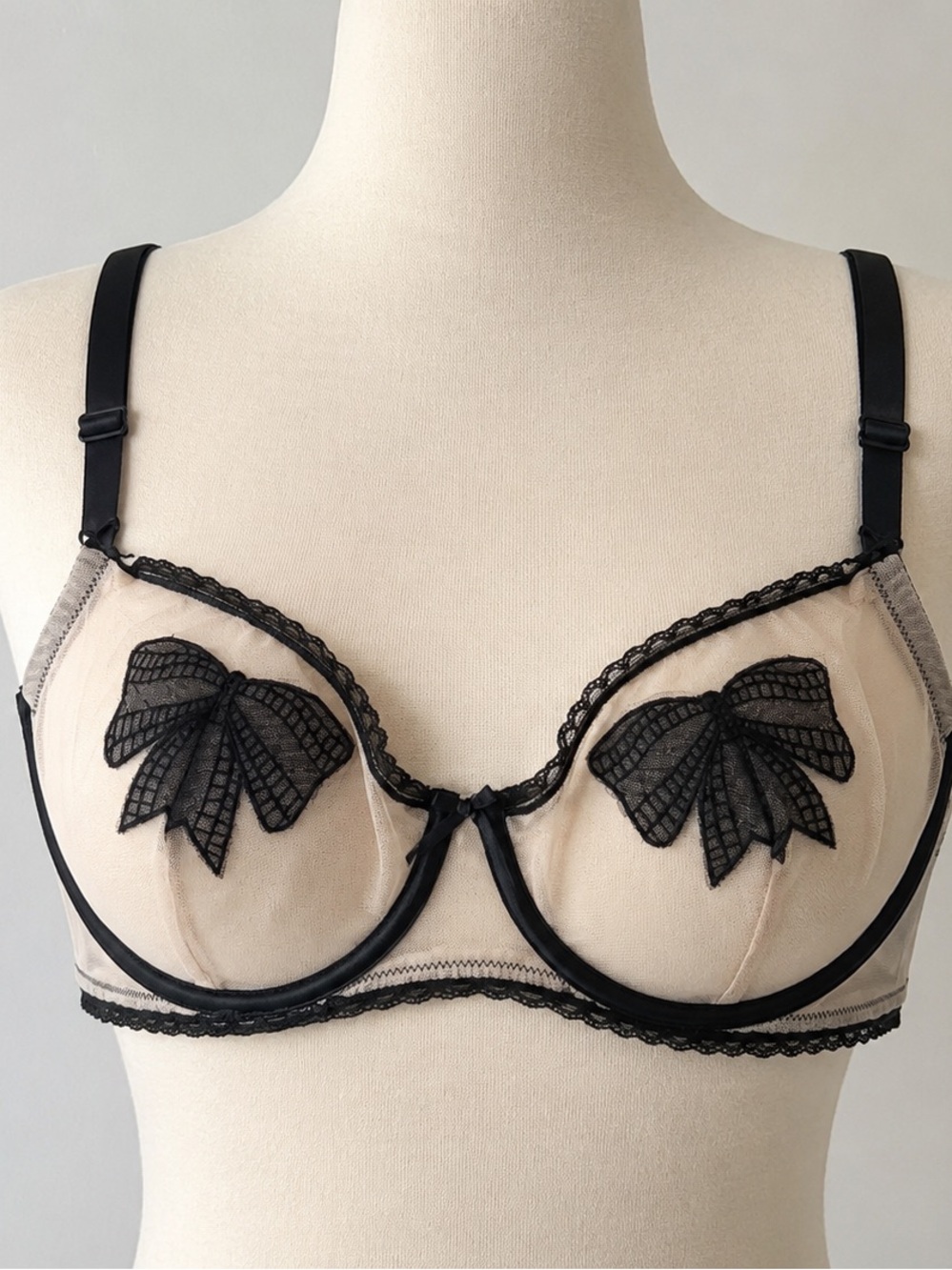 Cacique 44D Sheer Mesh Underwire Bra Black Beige Bow Applique NWOT
